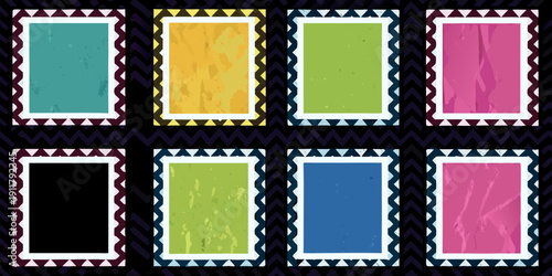 Colorful rectangles framed with zigzag patterns on a dark background