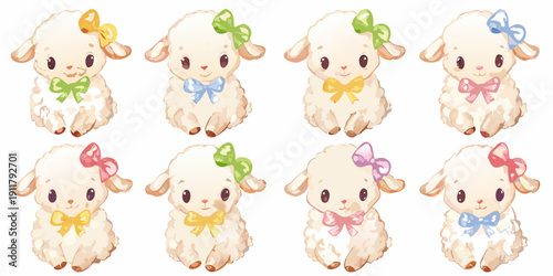 A collection of adorable watercolor lambs each adorned with a colorful bow
