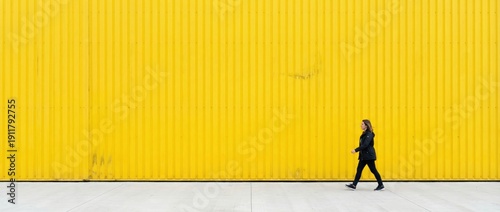 Woman walking against vibrant yellow wall in urban setting lifestyle photography minimalist composition contemporary viewpoint engaging visual narrative