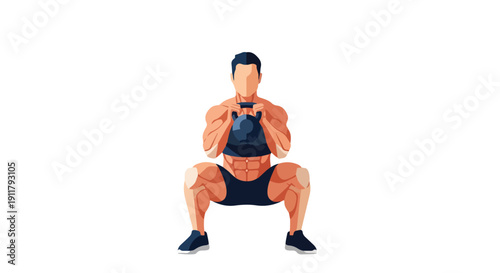 A muscular man wearing a black vest and shorts performing a squat exercise on a white background with a focused expression.