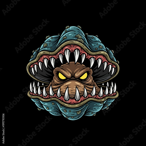 Fierce Monster Clam with Sharp Teeth and Glowing Eyes.