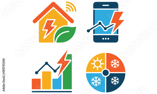 Energy management icons representing smart home technology and efficient energy use with colorful graphics illustrating various aspects of energy consumption and monitoring.