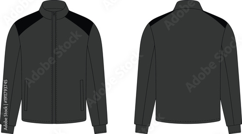 Black bomber jacket flat fashion vector illustration, modern casual outerwear front and back view, CAD technical garment drawing template design