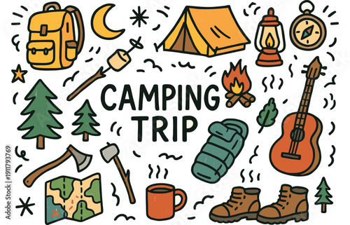 Camping trip essentials: tent, campfire, backpack, compass, sleeping bag, guitar