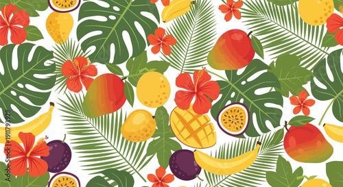A vibrant seamless pattern displays various tropical fruits like mangoes, bananas, and passion fruits interspersed with bright hibiscus flowers and lush green foliage.