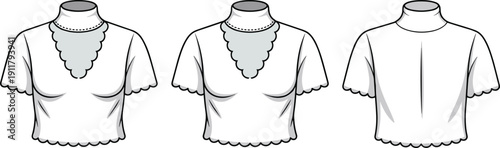 Blouse CAD drawing, flat vector fashion illustration with scalloped sleeve and hem edges, lace panel detail, front and back views