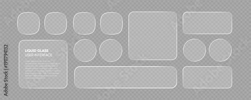 Trend liquid glass frames and buttons set transparent background. Vector EPS10 realistic illustration of glass morphism text boxes, menu windows, search bars, website, mobile app ui ux design elements