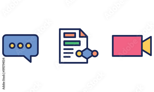 Simple icons representing communication and multimedia content creation media like chat bubbles documents and video elements