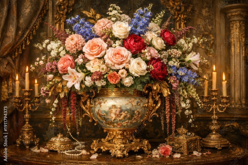 Fototapeta premium Opulent floral arrangement, antique elegance.