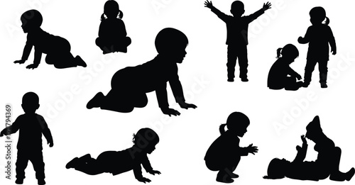 Children silhouette set, crawling sitting standing poses, black vector art, early development illustration, playful posture design pack