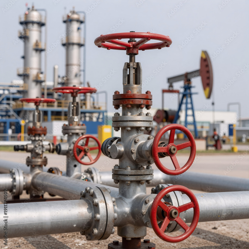 Obraz premium Blurred oil refinery background with industrial pipelines and red valves