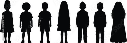 Children silhouette collection, boys and girls standing front view isolated on white background, diverse kids vector illustration set