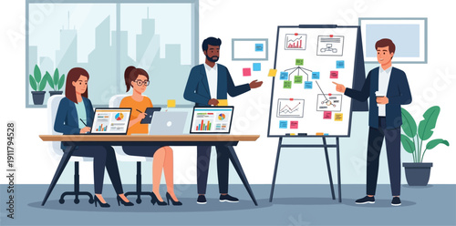 Four diverse professionals conduct a detailed business strategy presentation using a whiteboard flowchart in a modern office setting.