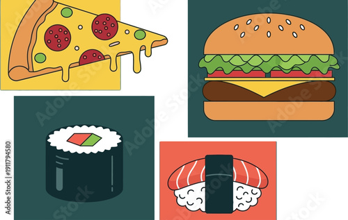 Japanese sushi and sashimi pieces are presented in a modern graphic style featuring a dripping slice of pepperoni pizza and a cheeseburger.
