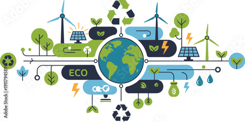 Global sustainability diagram illustrates the interconnectedness of renewable energy sources, recycling, and Earth-centered ecology.