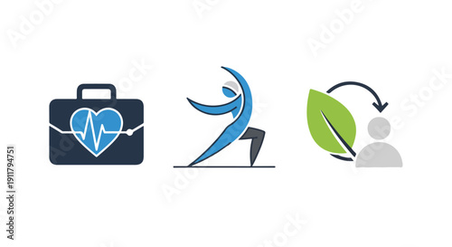 Flat lay of business, health and wellness icons on a white background with a green leaf and person silhouette.