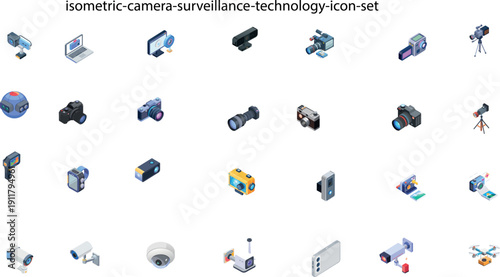 Comprehensive Set of Isometric Icons for Photography Equipment, Digital Cameras, and Security Surveillance Systems