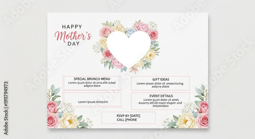 Happy Mothers Day floral heart invitation template with space for photo perfect for event details and gift ideas