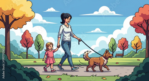 Mother and daughter walking dog in park autumn season family leisure activity illustration for lifestyle and nature concepts