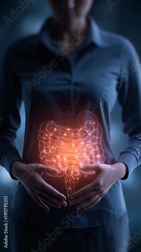 Woman holding hands on glowing digital illustration of human digestive system.