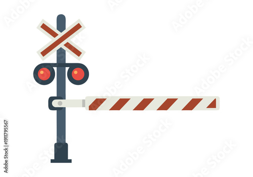 Vibrant flat design illustration of a railroad crossing barrier, featuring red warning lights and a crossbuck sign, symbolizing train safety and controlled traffic flow