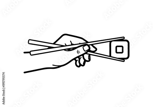 Clean vector line art illustration of a hand holding chopsticks with sushi, embodying Asian food culture and elegant dining. Ideal as an iconic graphic concept