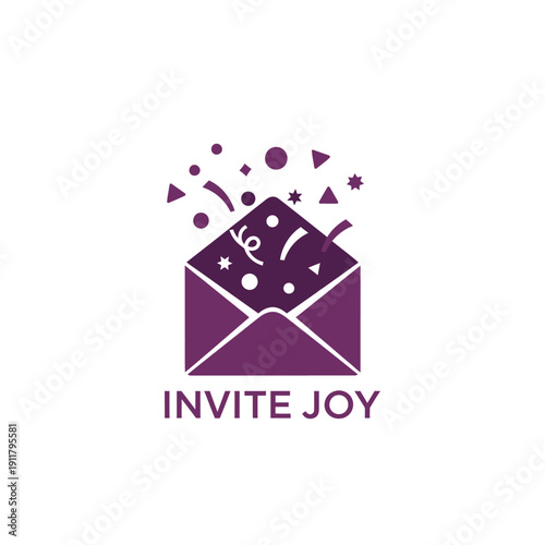 Open envelope with festive confetti icon for party celebration or digital greeting card service logo of a brand named INVITE JOY