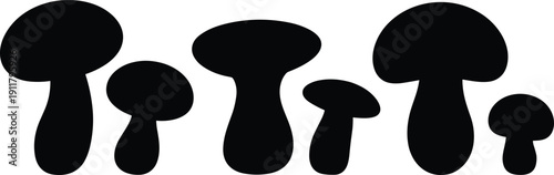 Collection of six distinct mushroom silhouettes in black, showcasing varied shapes and sizes, perfect for design, illustration, nature art, and botanical projects