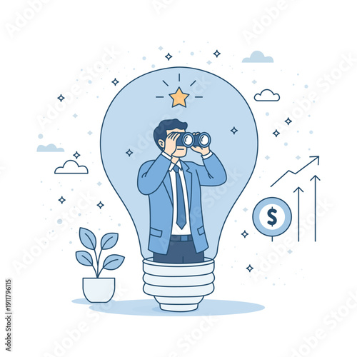 Creative businessman looking for business opportunity through binoculars. Vision to discover new solutions. Idea and curiosity concept for success. Lightbulb inspiration and strategic searching.
