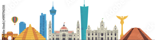 Mexico City Skyline Vector Illustration, Famous Landmarks and Modern Skyscrapers Cityscape Collection, Colorful Urban Architecture Isolated on White Background