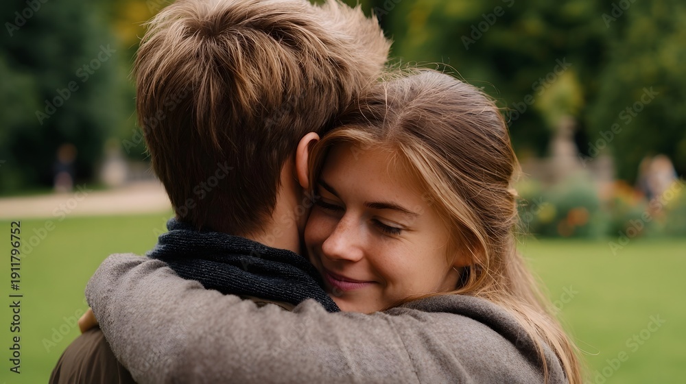 Fototapeta premium A young woman closes her eyes in a joyful embrace with a man in a park setting