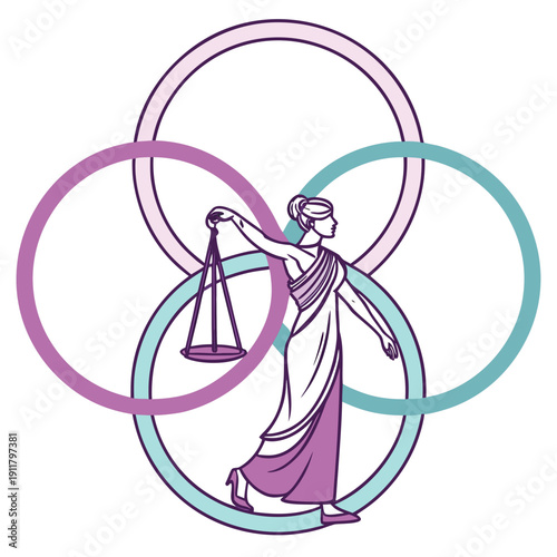 Stylized lady justice figure with overlapping circles background