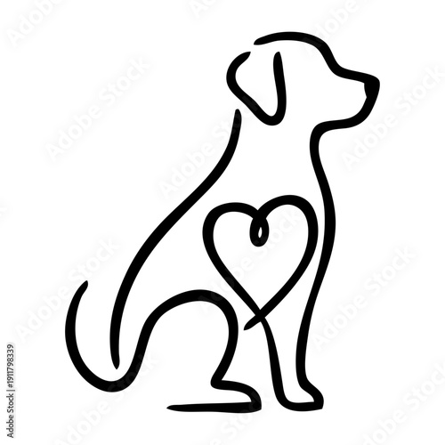 Dibujo sencillo con línea única de un perro simpático con un corazón