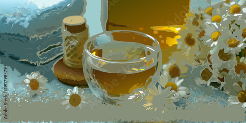 A still life featuring chamomile tea flowers and honey in a glass