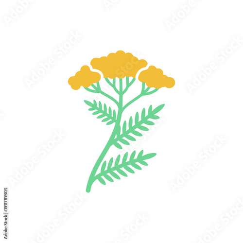 Yarrow Mustard Yellow Flowers with Mint Green Serrated Foliage Flat 2D Solid Color Vector Icon
