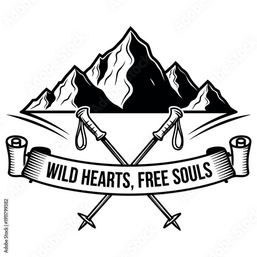 Adventure emblem with mountains and trekking poles