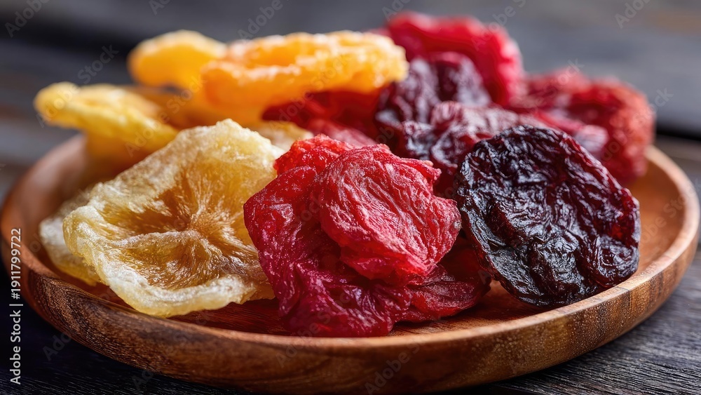 Obraz premium Assorted dried fruits (apricots, prunes, berries) on a wooden plate. Concept Dried Fruit Platter, Rustic Wooden Plate, Colorful Snack Collection, Natural Textures, Healthy Snacking