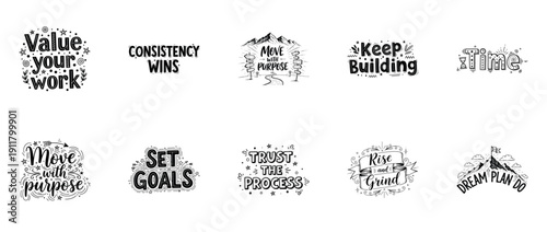 Inspirational typography set: empowering phrases in black and white designs