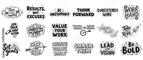 Motivational typography set with inspirational quotes and decorative elements