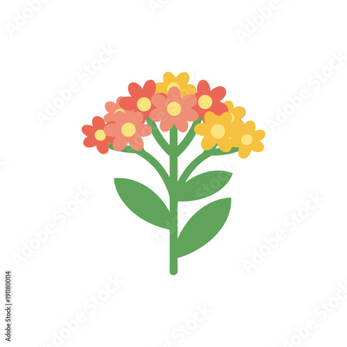 Sunset Coral Yarrow Icon with Peach-Gold Flowers and Green Leaves, Botanical Vector
