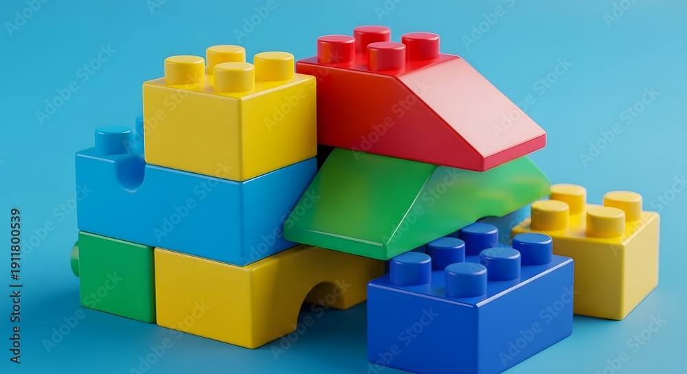 Obraz premium Colorful plastic building blocks stacked together forming a structure on a blue surface viewed from the front ep2 (30).jpg