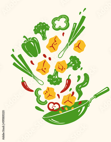 Stir fry wok cooking illustration, dynamic flying vegetables and meat, broccoli, peppers, chili, green onions, healthy food preparation, Asian cuisine