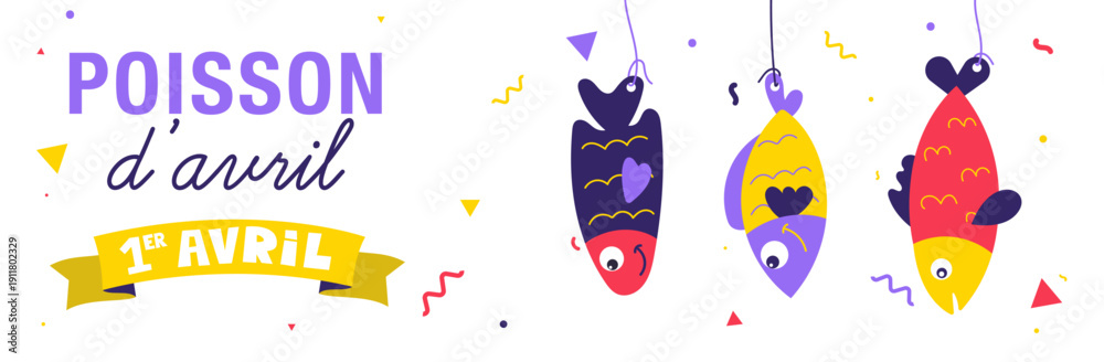 Fototapeta premium Bannière horizontale pour le 1er avril avec poissons colorés suspendus, ruban décoratif et confettis. Idéale pour communication digitale, réseaux sociaux et supports promotionnels.