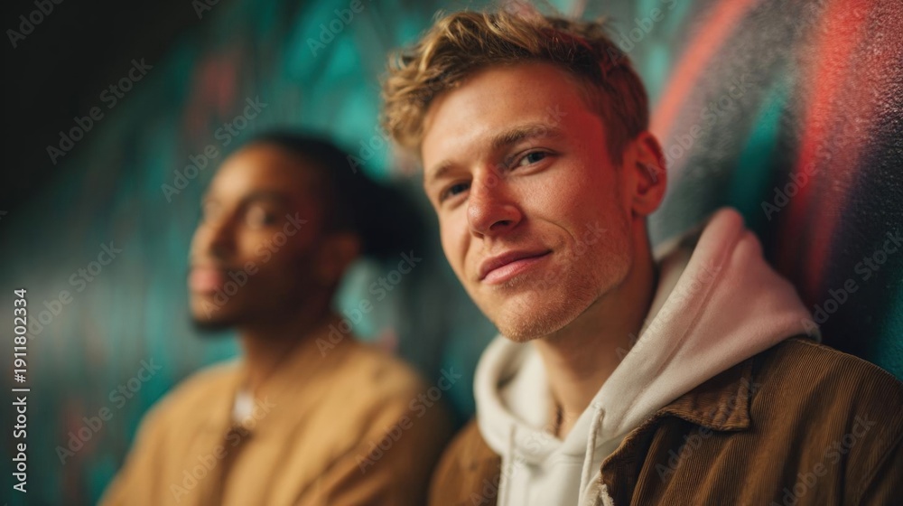 Fototapeta premium Two young men standing in front of a colorful graffiti wall. the man on the left is wearing a brown jacket and has blonde hair. he is looking directly at the camera with a slight smile on his face.