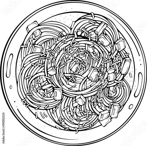 Plate of miso carbonara spaghetti, top view. Trend fusion dish Italian pasta with Japanese miso. For menu design, food blog. Vector illustration in hand drawn sketch style. Line art isolated on white