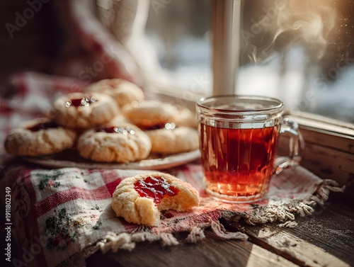 A warm glass of tea sits beside jam filled cookies arranged on a checkered cloth atop a rustic wooden window sill on a sunny day.