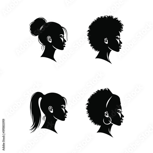 Black woman profile silhouette collection with diverse natural hairstyles, afro ponytail, and top bun