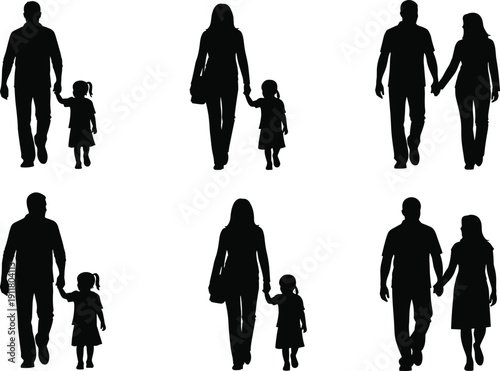 Family walking silhouettes set with parents and child holding hands black vector illustration isolated on white background