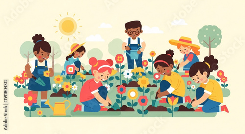 Diverse group of children planting flowers in a garden illustration of teamwork and nature education flat design concept for spring and summ