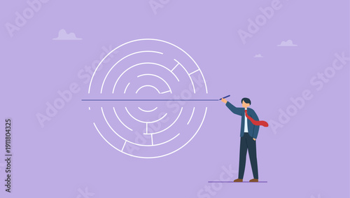 Businessman drawing arrow line breaking through the maze. Solving business problem to success concept.